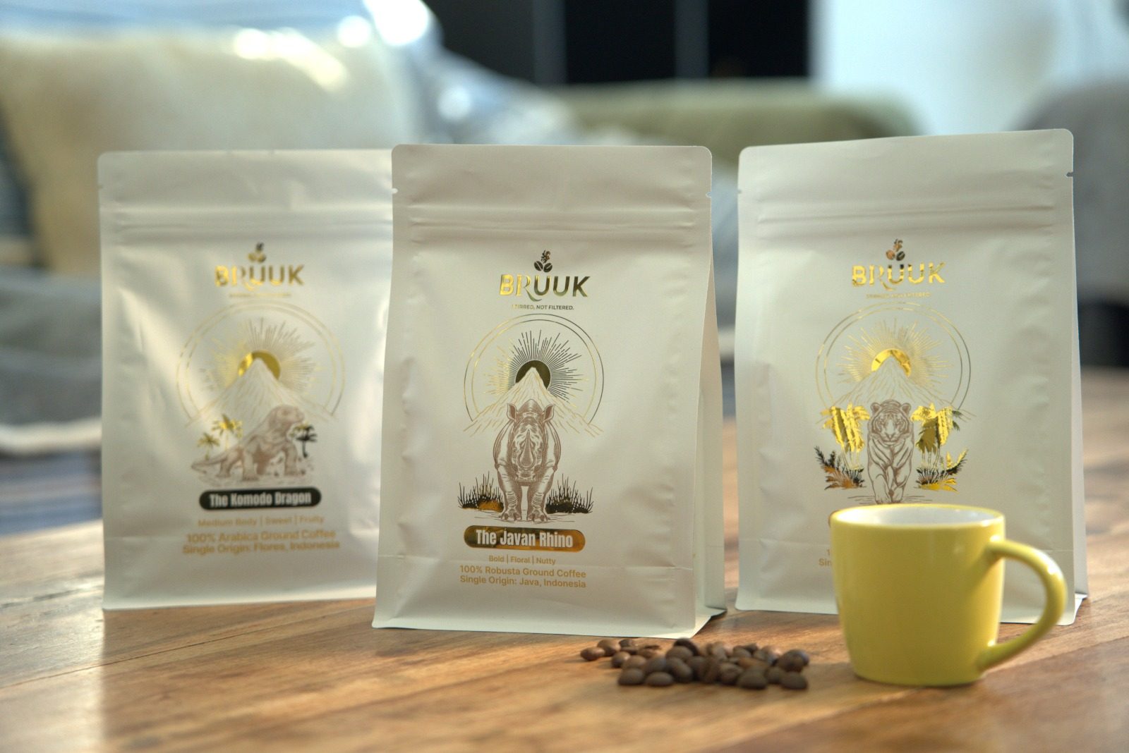 The BRUUK range of single-origin coffees on a table