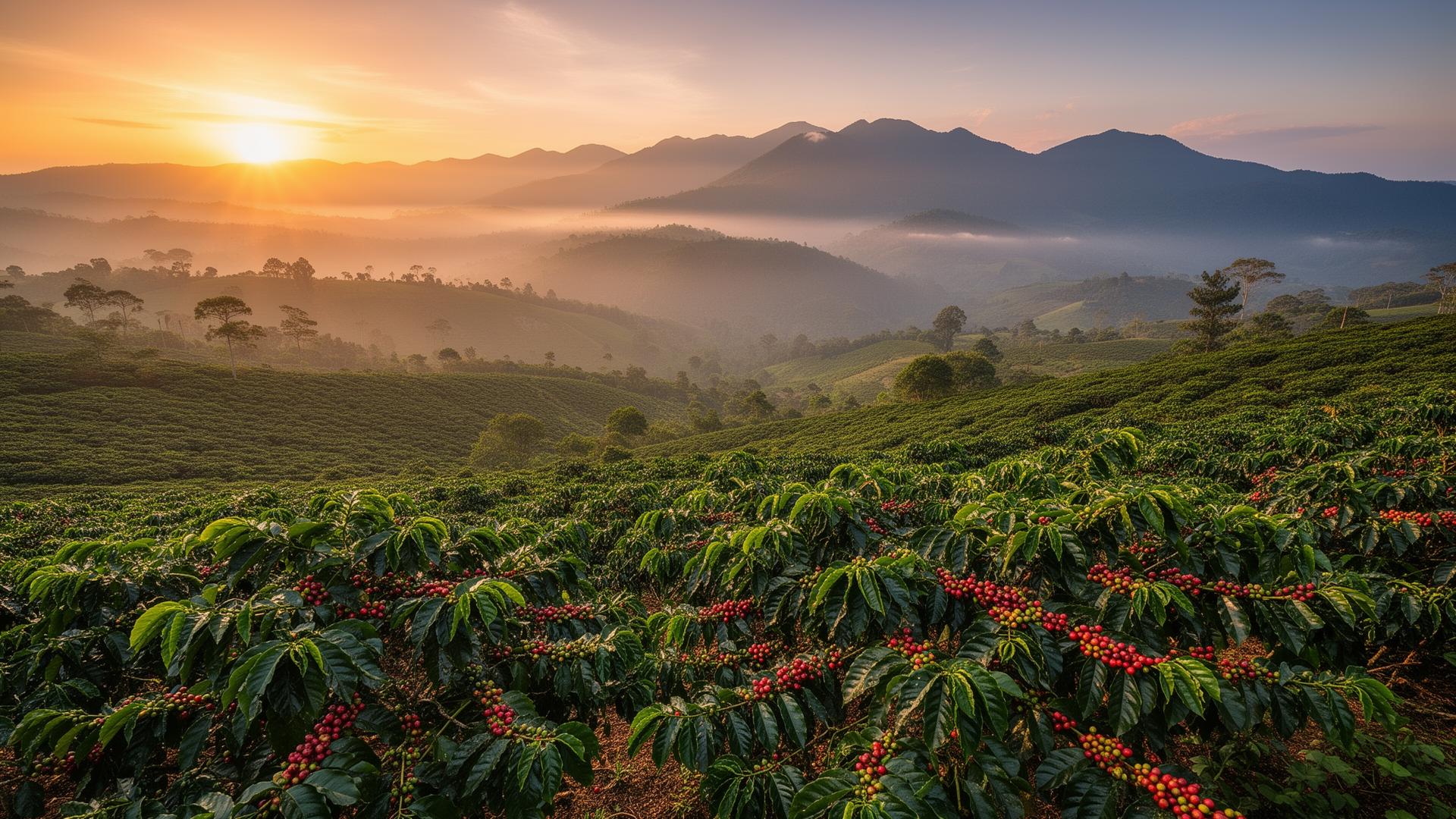 Coffee plantation on misty volcanic highlands at sunrise