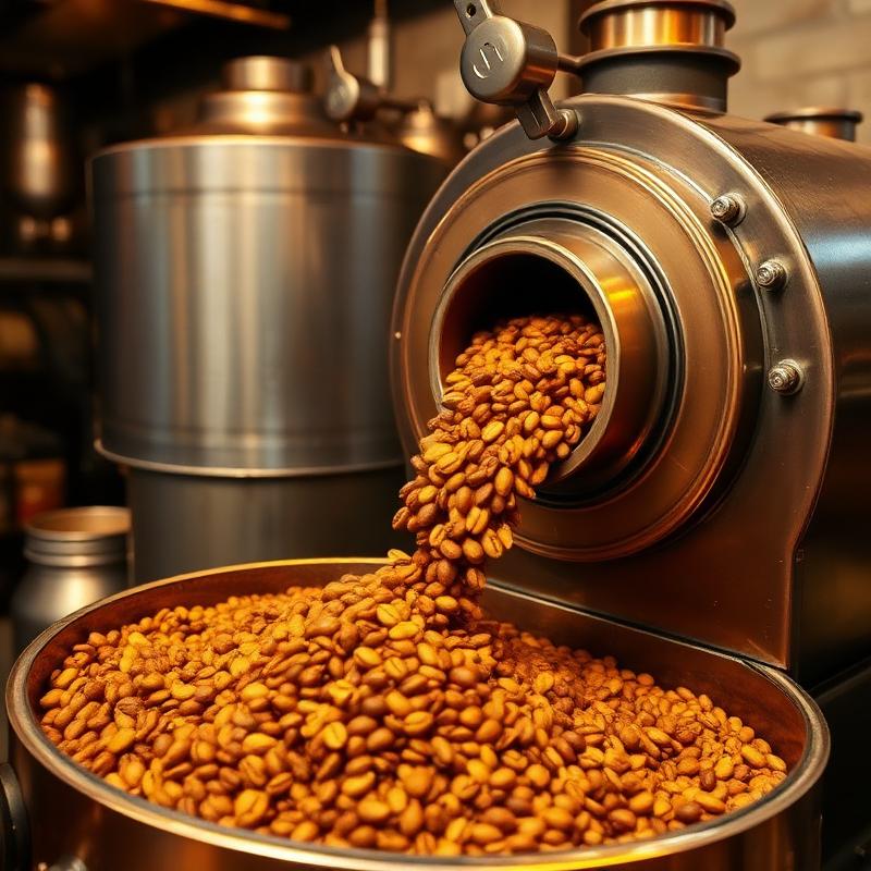 Freshly roasted coffee beans pouring from a roaster